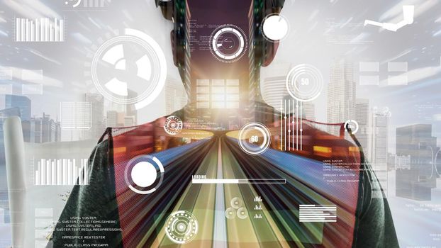 Future building construction and inventive engineering project concept with HUD hologram graphic design. Building engineer, architect people or construction worker works with modern civil technology.