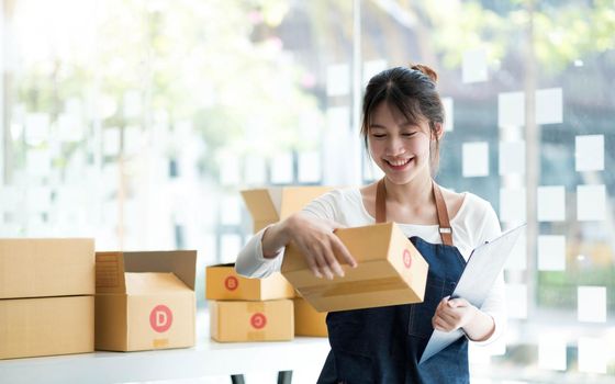 Starting small businesses SME owners female entrepreneurs Use a laptop or notebook to receive and review orders online to prepare to pack boxes, sell to customers, SME online business ideas..