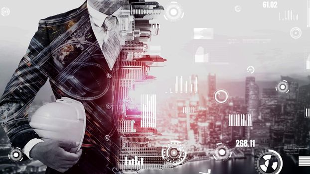 Future building construction and inventive engineering project concept with HUD hologram graphic design. Building engineer, architect people or construction worker works with modern civil technology.