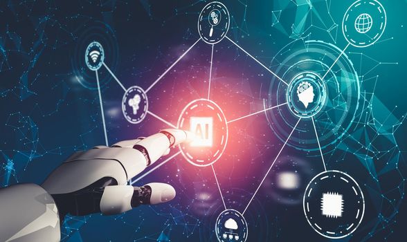 3D rendering futuristic droid robot technology development, artificial intelligence AI, and machine learning concept. Global robotic bionic science research for future of human life.