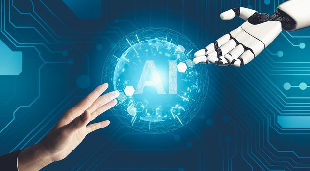 3D rendering futuristic droid robot technology development, artificial intelligence AI, and machine learning concept. Global robotic bionic science research for future of human life.