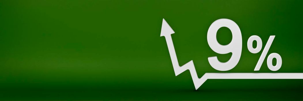 9 percent. The arrow on the graph points up. Rising prices, inflation, increase in income, increase in interest rates, taxes. 3d banner, nine percent sign discount on a green background