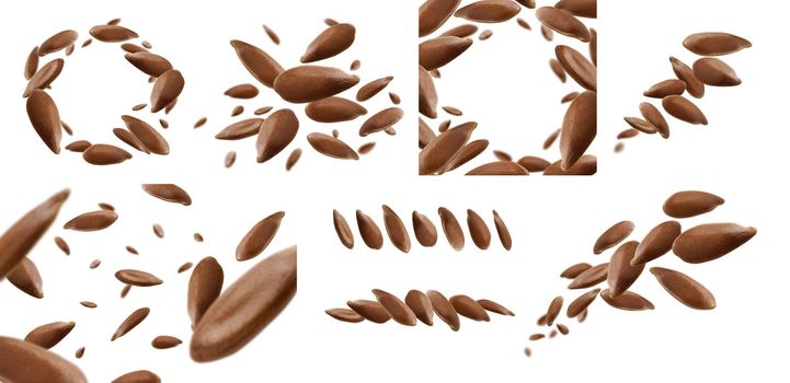 A set of photos. Flax seeds are levitated on a white background.