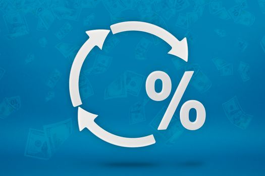 Ecology, recycling symbol and percent sign, white arrows form a circle. 3D image on a blue background. Green products, green renewable energy.