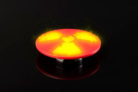 Big red button with the symbol of nuclear weapons on a black background. Glowing nuclear button in a nuclear suitcase.