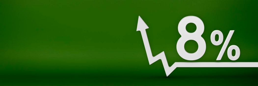 8 percent. The arrow on the graph points up. Rising prices, inflation, increase in income, increase in interest rates, taxes. 3d banner, eight percent sign discount on a green background