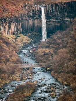 Svartifoss waterfall in Skaftafell National Park with tourists on autumn