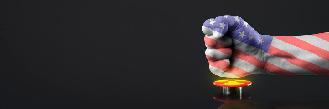 The hand presses the big red button. The concept of the threat of nuclear war. A hand painted in the colors of the American flag presses the button to launch a nuclear bomb