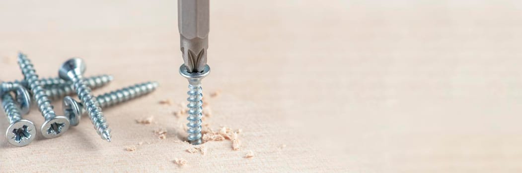 Screw the screw into the board. Furniture production, a screwdriver twists a self-tapping screw into a board. Several silver screws lie on the desktop.