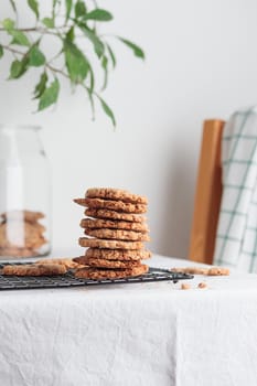 Stack of homemade oat cookies on a table