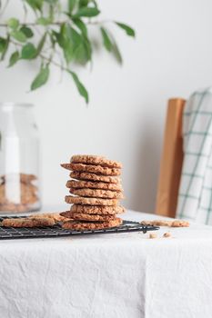 Stack of homemade oat cookies on a table