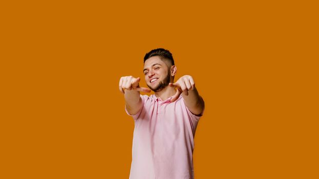 Man points to you because you win online bet. Win and makes crazy emotions. Happy caucasian won a prize. Online work at home quarantine concept.