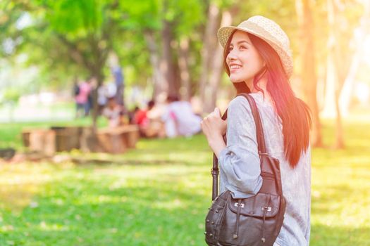 single Asian girl teen going travel outdoor happy moment to have activity in holiday