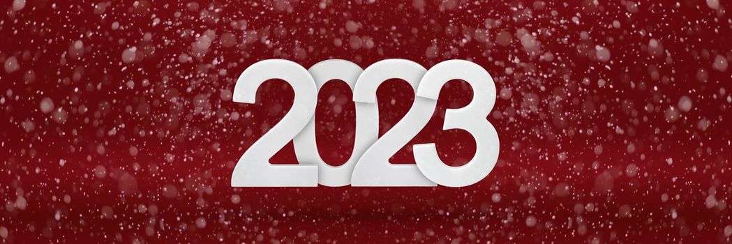 Happy New Year 2023 greeting template. Festive 3d banner with white numbers 2023 on a red background. Festive poster or banner design. Happy new year modern background, falling snow.