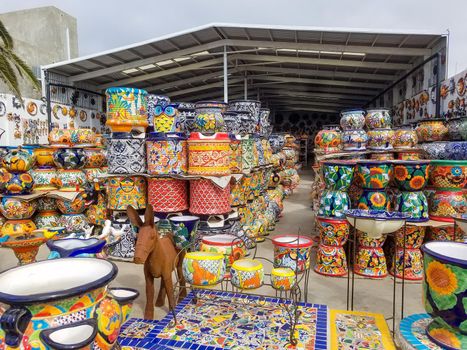 Mexican talavera flower pots and products, Baja California. Collections of talavera clay products for sale in the art district of Rosarito, Mexico.