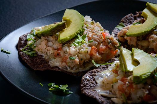 Fish ceviche on blue corn tostadas. Mexican food. Seviche made with tilapia, white fish, onion, tomato, cilantro served on tostadas with mayonnaise