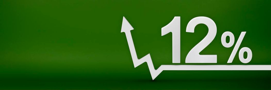 12 percent. The arrow on the graph points up. Rising prices, inflation, increase in income, increase in interest rates, taxes. 3d banner, twelve percent sign discount on a green background