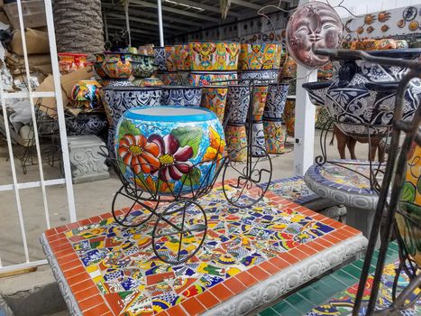 Mexican talavera flower pots and products, Baja California. Collections of talavera clay products for sale in the art district of Rosarito, Mexico.