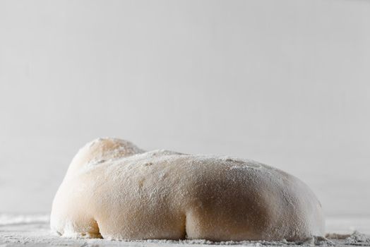 Wheat dough ball with flour. Cooking pizza with italian white dough. Food blanks in restaurant.