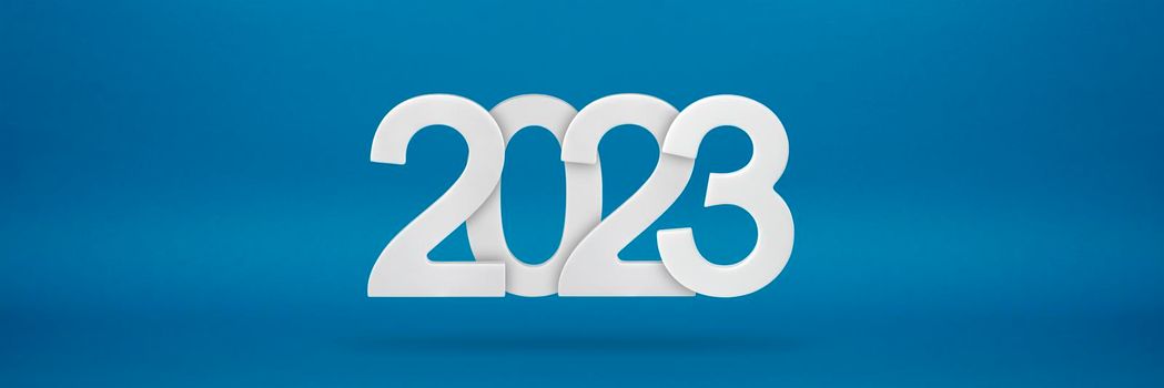 Happy New Year 2023 greeting template. Festive 3d banner with white numbers 2023 on a, blue background. Festive poster or banner design. Happy new year modern background.