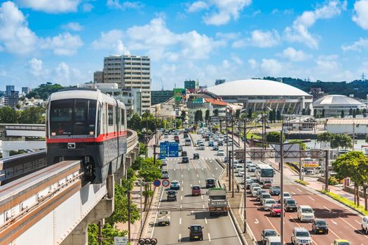 okinawa, japan - september 15 2021: Naha city monorail in Okinawa island