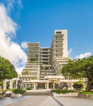 tokyo, japan - september 14 2021: Front view of the Naha City Hall modern building in the capital of Okinawa island.