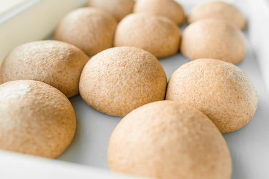 Wheat dough with flour. Cooking pizza with italian Yellow dough. Food blanks in restaurant. Flour products