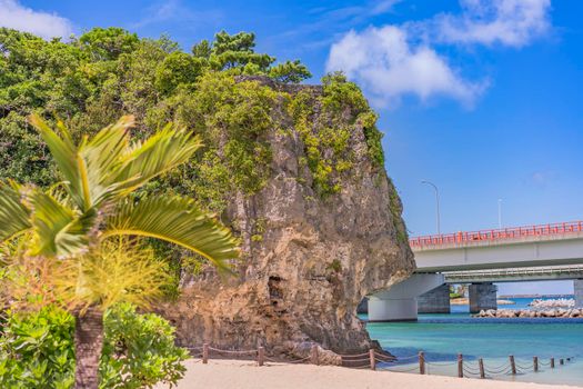 okinawa, japan - september 15 2021: Palm tree on the sandy beach Naminoue topped by a huge rock with a Shinto Shrine at the top of a cliff and a highway passing in Naha City in Okinawa Prefecture, Japan.