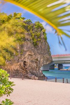 okinawa, japan - september 15 2021: Palm tree on the sandy beach Naminoue topped by a huge rock with a Shinto Shrine at the top of a cliff and a highway passing in Naha City in Japan.