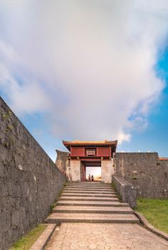 okinawa, japan - september 15 2018: Shukujunmon gate of Shuri Castle's in the Shuri neighborhood of Naha, the capital of Okinawa Prefecture, Japan.