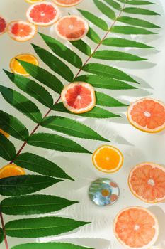 Orange, lemon fruits in the water with green leaves. Decoration for party, Citrus fruits in the bath at hot summer day. Fruits for cocktail