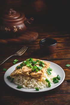 Japanese dish. Rice with scrambled eggs, chicken and green onion
