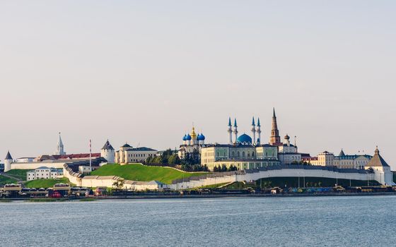 View of the Kazan Kremlin with Presidential Palace, Annunciation Cathedral, Soyembika Tower and Qolsharif Mosque from Kazanka River.
