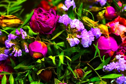 Close-up of a bouquet of dried flowers. Out of focus, blurred