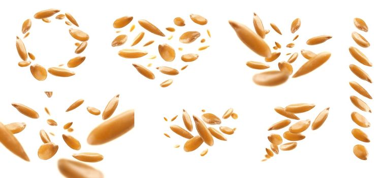 A set of photos. Flax seeds are levitated on a white background.