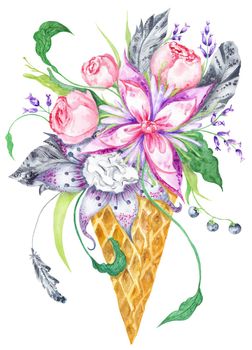 Tender romantic creative print painting with boho style feathers and peonies on white background