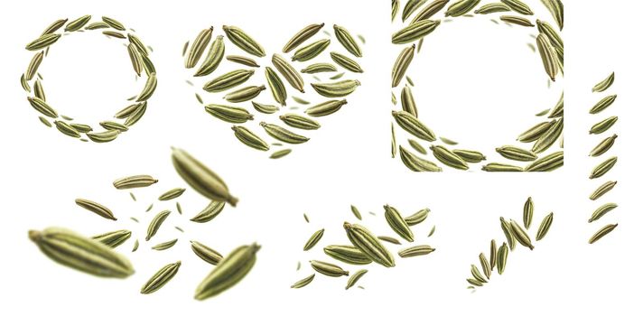 A set of photos. Fennel seeds levitate on a white background.