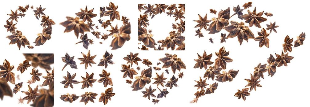 A set of photos. Anise stars levitate on a white background.