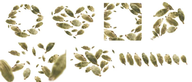 A set of photos. Cardamom pods levitate on a white background.