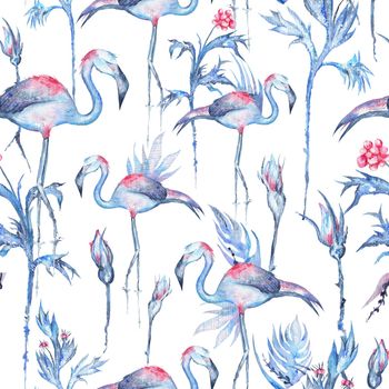 Seamless hand painted texture with exotic plants, rose flowers and flamingo birds for textile and wallpaper design