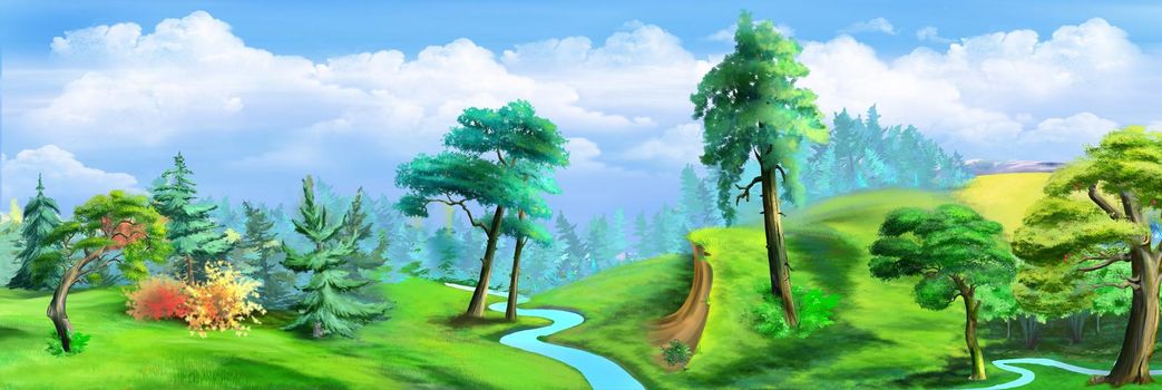 Natural parkland with a river on a sunny summer day. Digital Painting Background, Illustration.