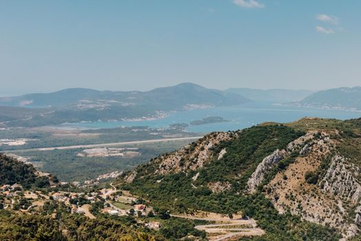 Beautiful nature mountains landscape. Kotor bay, Montenegro. Views of the Boka Bay, with the cities of Kotor and Tivat with the top of the mountain, Montenegro.