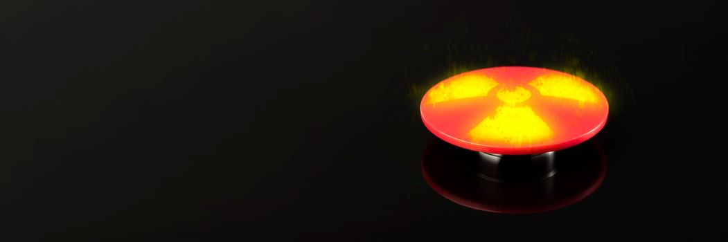 Big red button with the symbol of nuclear weapons on a black background. Glowing nuclear button in a nuclear suitcase.