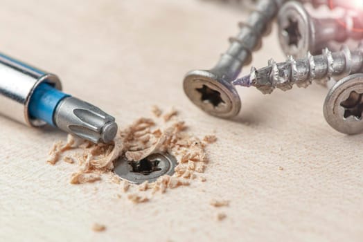 Screw the screw into the board. Furniture production, a screwdriver twists a self-tapping screw into a board. Several silver screws lie on the desktop.