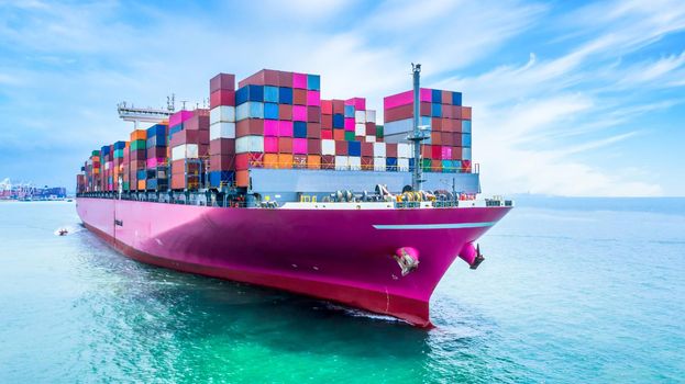 Global business company freight shipping logistics import export transportation by container ship, Container cargo ship at commercial industrial port freight transportation.