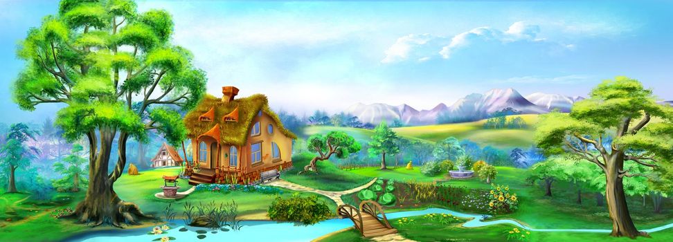 Fairy tale country house with fields and river on a summer day. Digital Painting Background, Illustration.