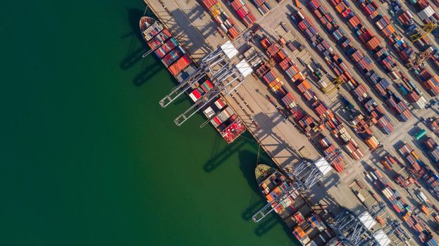 Aerial view container ship freight shipping at port, Global business logistic import and export freight shipping transportation oversea worldwide, Container vessel cargo freight ship international.