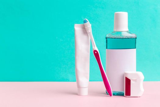 mouthwash and toothbrush for healthy care oral cavity. Creative Photo