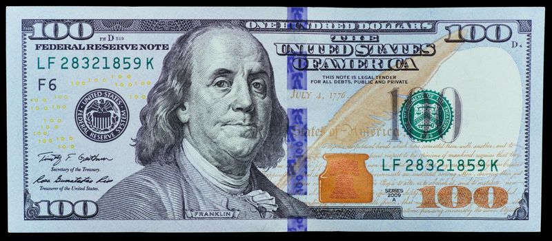 The denomination hundred dollars. American Dollars. One Hundred Dollar Banknotes, 100 dollar