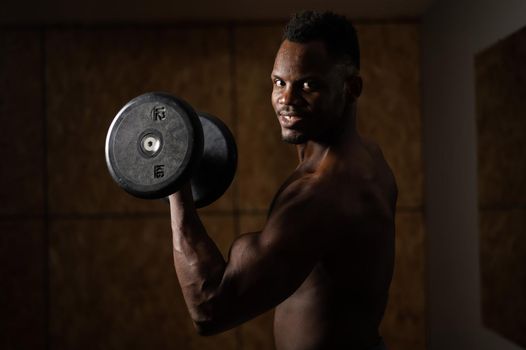 Attractive african american man smiling and doing exercise with dumbbells